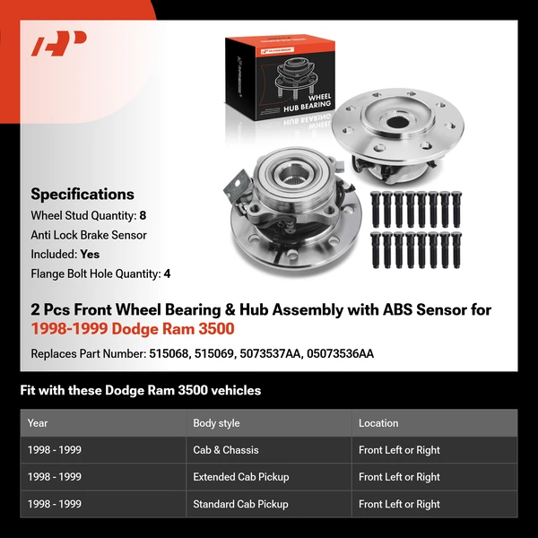 2 Pcs Front Wheel Bearing & Hub Assembly with ABS Sensor for 1998-1999 Dodge Ram 3500