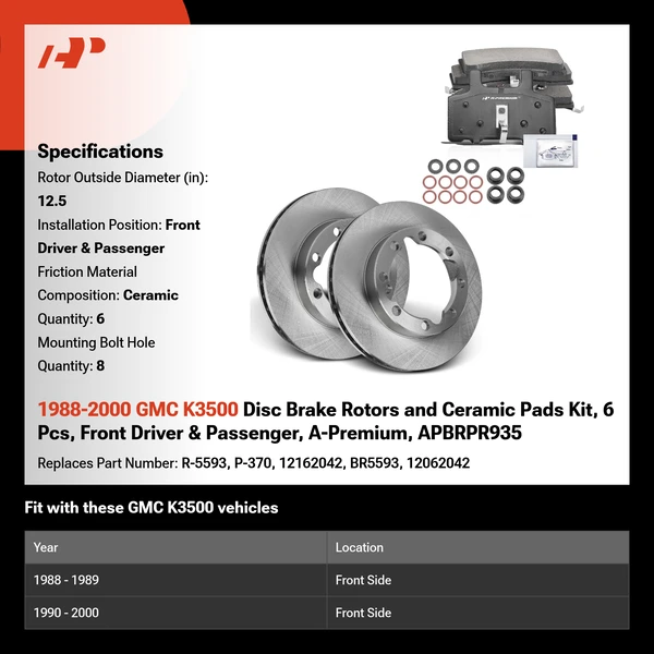 1988-2000 GMC K3500 Disc Brake Rotors and Ceramic Pads Kit, 6 Pcs, Front Driver & Passenger, A-Premium, APBRPR935