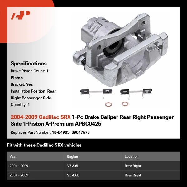 2004-2009 Cadillac SRX 1-Pc Brake Caliper Rear Right Passenger Side 1-Piston A-Premium APBC0425