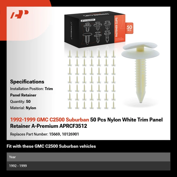 1992-1999 GMC C2500 Suburban 50 Pcs Nylon White Trim Panel Retainer A-Premium APRCF3512