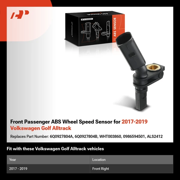 Front Passenger ABS Wheel Speed Sensor for 2017-2019 Volkswagen Golf Alltrack