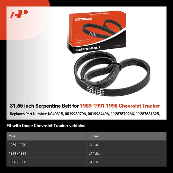 31.65 inch Serpentine Belt for 1989-1991 1998 Chevrolet Tracker