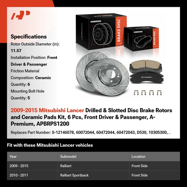 2009-2015 Mitsubishi Lancer Drilled & Slotted Disc Brake Rotors and Ceramic Pads Kit, 6 Pcs, Front Driver & Passenger, A-Premium, APBRPS1200