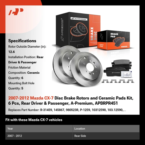 2007-2012 Mazda CX-7 Disc Brake Rotors and Ceramic Pads Kit, 6 Pcs, Rear Driver & Passenger, A-Premium, APBRPR451
