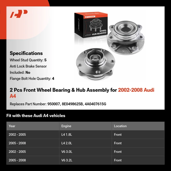 2 Pcs Front Wheel Bearing & Hub Assembly for 2002-2008 Audi A4