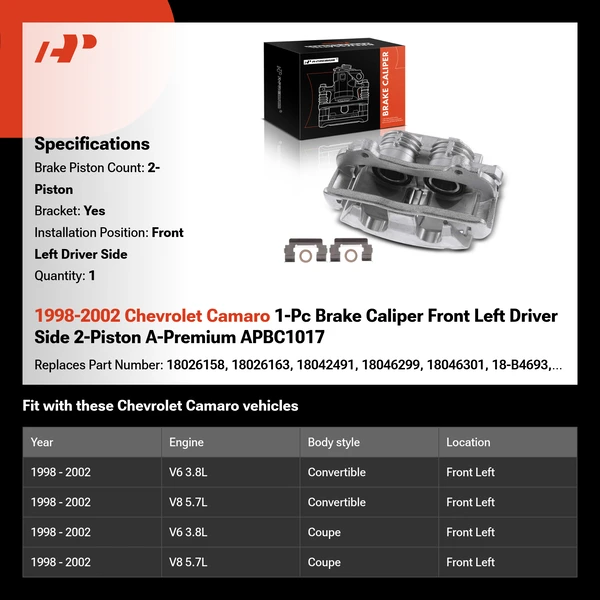 1998-2002 Chevrolet Camaro 1-Pc Brake Caliper Front Left Driver Side 2-Piston A-Premium APBC1017