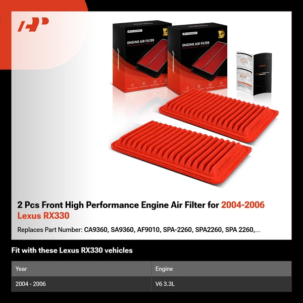 2 Pcs Front High Performance Engine Air Filter for 2004-2006 Lexus RX330