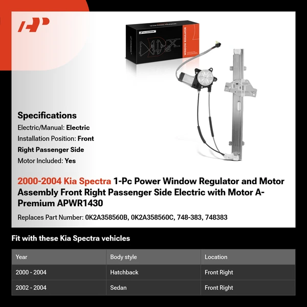 2000-2004 Kia Spectra 1-Pc Power Window Regulator and Motor Assembly Front Right Passenger Side Electric with Motor A-Premium APWR1430