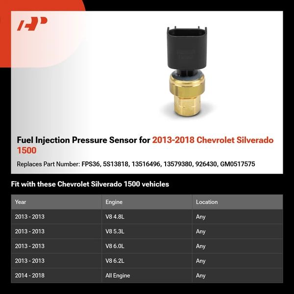 Fuel Injection Pressure Sensor for 2013-2018 Chevrolet Silverado 1500