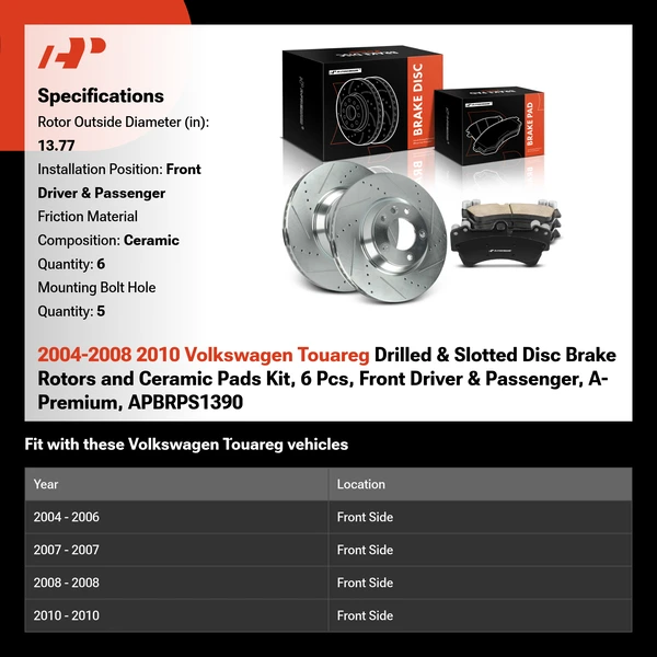 2004-2008 2010 Volkswagen Touareg Drilled & Slotted Disc Brake Rotors and Ceramic Pads Kit, 6 Pcs, Front Driver & Passenger, A-Premium, APBRPS1390