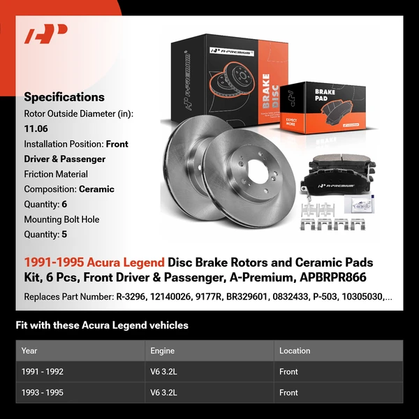 1991-1995 Acura Legend Disc Brake Rotors and Ceramic Pads Kit, 6 Pcs, Front Driver & Passenger, A-Premium, APBRPR866