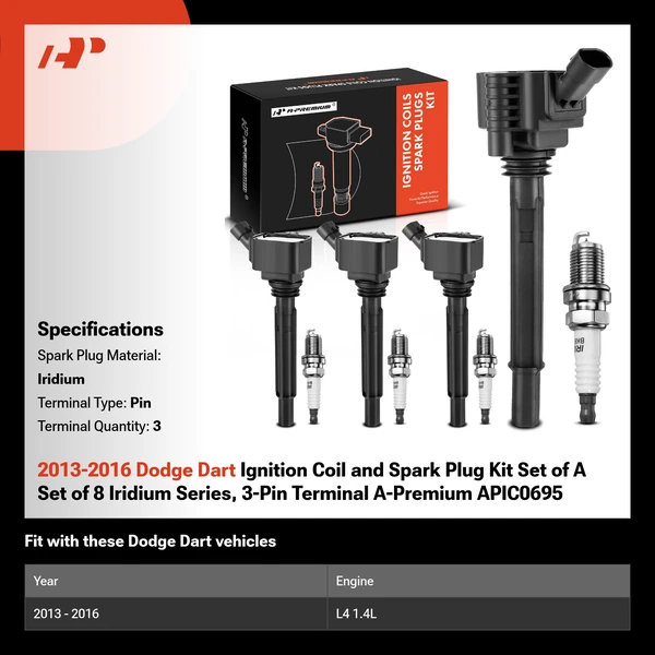 2013-2016 Dodge Dart Ignition Coil and Spark Plug Kit Set of A Set of 8 Iridium Series, 3-Pin Terminal A-Premium APIC0695