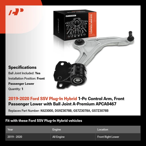 2019-2020 Ford SSV Plug-In Hybrid 1-Pc Control Arm, Front Passenger Lower with Ball Joint A-Premium APCA0467