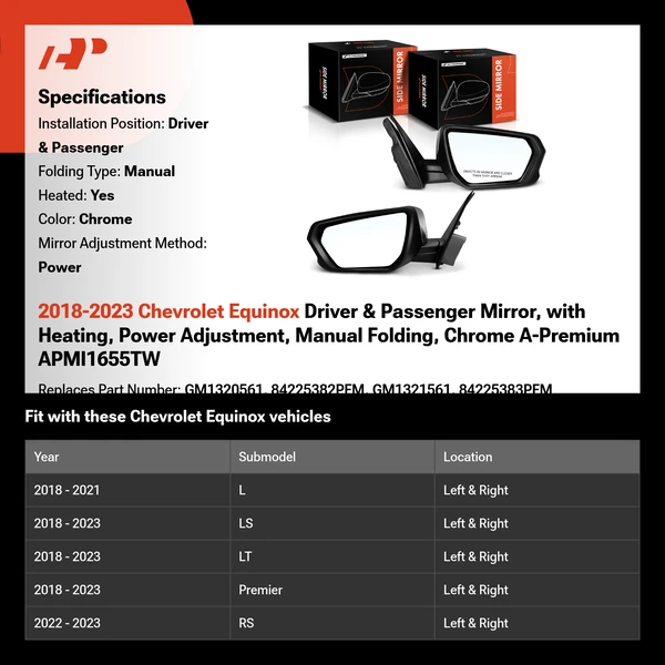 2018-2023 Chevrolet Equinox Driver & Passenger Mirror, with Heating, Power Adjustment, Manual Folding, Chrome A-Premium APMI1655TW