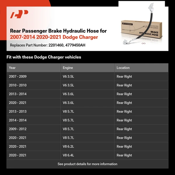 Rear Passenger Brake Hydraulic Hose for 2007-2014 2020-2021 Dodge Charger