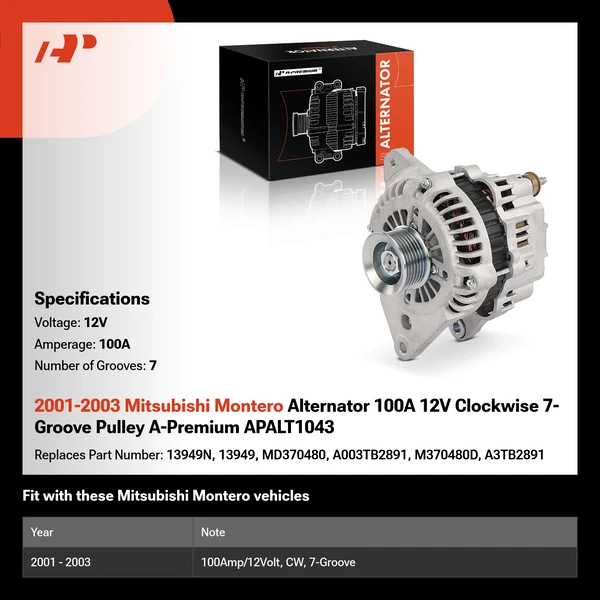 2001-2003 Mitsubishi Montero Alternator 100A 12V Clockwise 7-Groove Pulley A-Premium APALT1043