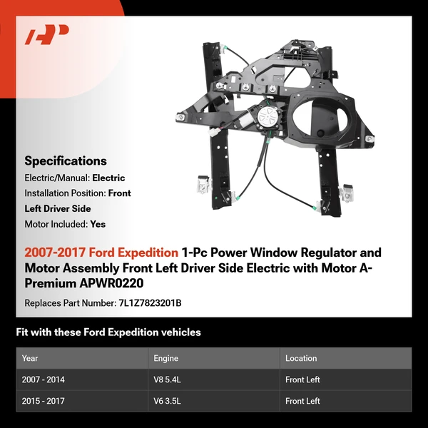 2007-2017 Ford Expedition 1-Pc Power Window Regulator and Motor Assembly Front Left Driver Side Electric with Motor A-Premium APWR0220