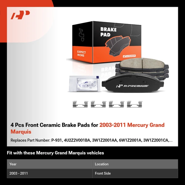 4 Pcs Front Ceramic Brake Pads for 2003-2011 Mercury Grand Marquis