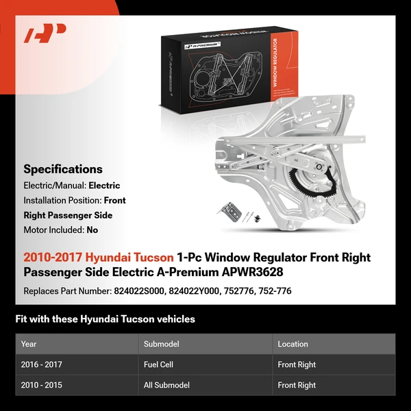 2010-2017 Hyundai Tucson 1-Pc Window Regulator Front Right Passenger Side Electric A-Premium APWR3628