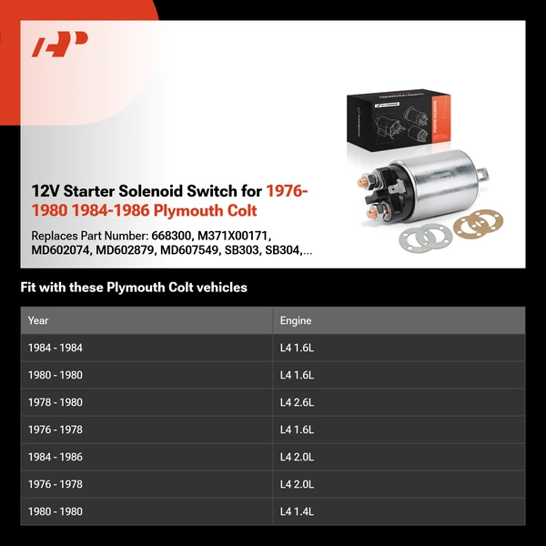 12V Starter Solenoid Switch for 1976-1980 1984-1986 Plymouth Colt