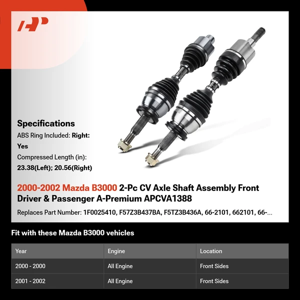 2000-2002 Mazda B3000 2-Pc CV Axle Shaft Assembly Front Driver & Passenger A-Premium APCVA1388