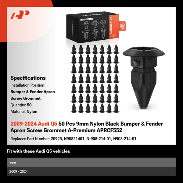 2009-2024 Audi Q5 50 Pcs 9mm Nylon Black Bumper & Fender Apron Screw Grommet A-Premium APRCF552