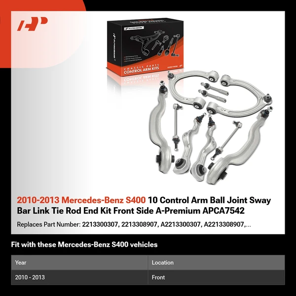 2010-2013 Mercedes-Benz S400 10 Control Arm Ball Joint Sway Bar Link Tie Rod End Kit Front Side A-Premium APCA7542