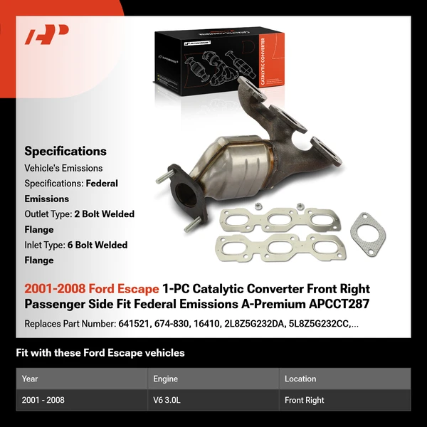 2001-2008 Ford Escape 1-PC Catalytic Converter Front Right Passenger Side Fit Federal Emissions A-Premium APCCT287