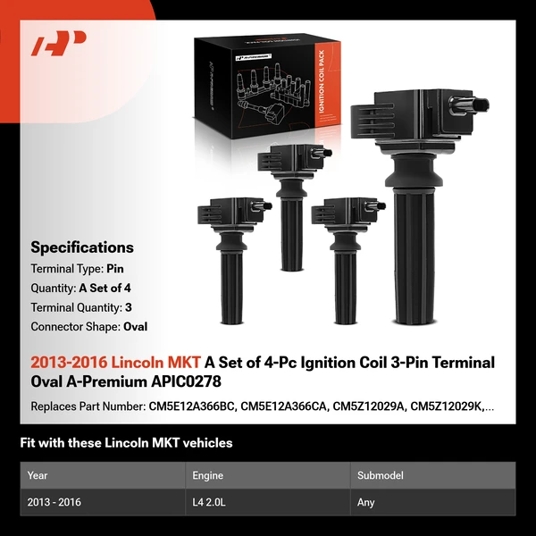 2013-2016 Lincoln MKT A Set of 4-Pc Ignition Coil 3-Pin Terminal Oval A-Premium APIC0278
