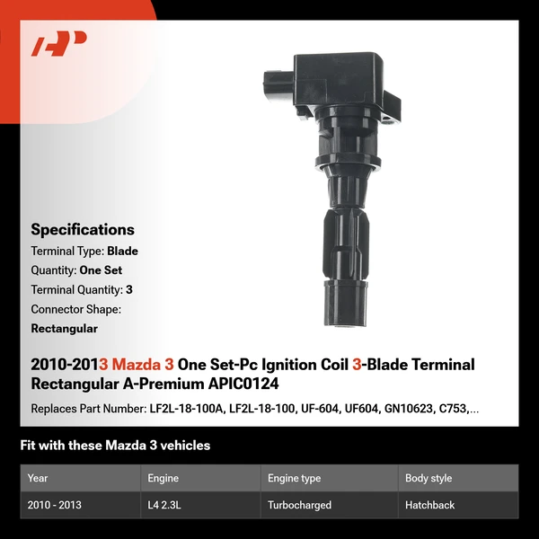 2010-2013 Mazda 3 One Set-Pc Ignition Coil 3-Blade Terminal Rectangular A-Premium APIC0124