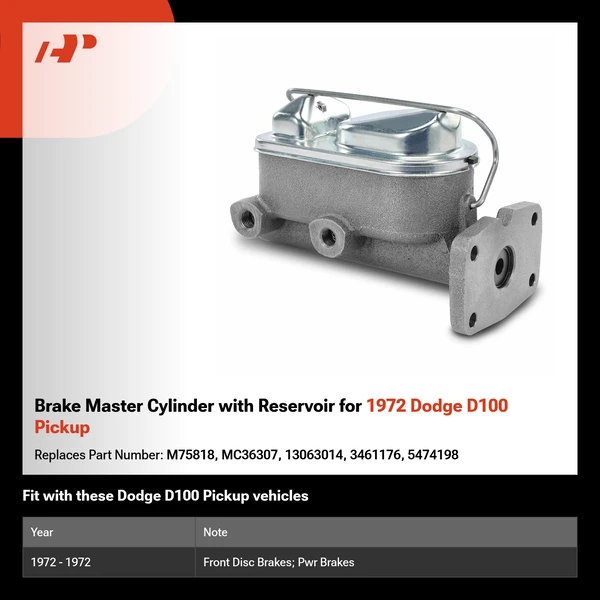 Brake Master Cylinder with Reservoir for 1972 Dodge D100 Pickup