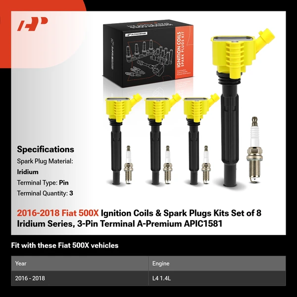 2016-2018 Fiat 500X Ignition Coils & Spark Plugs Kits Set of 8 Iridium Series, 3-Pin Terminal A-Premium APIC1581
