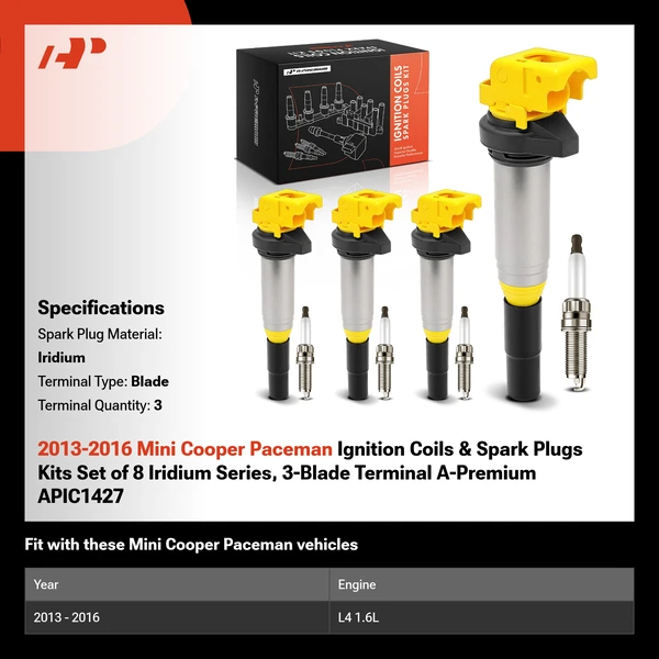 2013-2016 Mini Cooper Paceman Ignition Coils & Spark Plugs Kits Set of 8 Iridium Series, 3-Blade Terminal A-Premium APIC1427