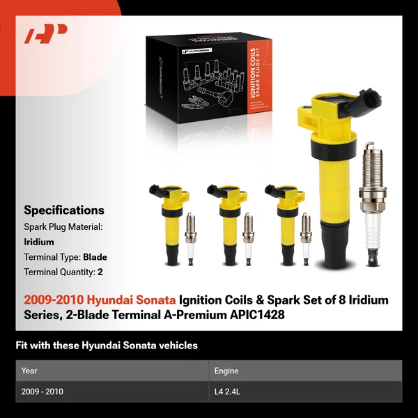 2009-2010 Hyundai Sonata Ignition Coils & Spark Set of 8 Iridium Series, 2-Blade Terminal A-Premium APIC1428