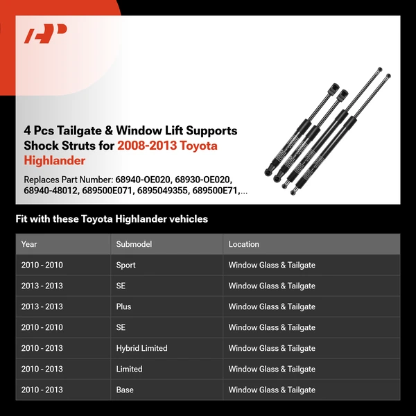 4 Pcs Tailgate & Window Lift Supports Shock Struts for 2008-2013 Toyota Highlander
