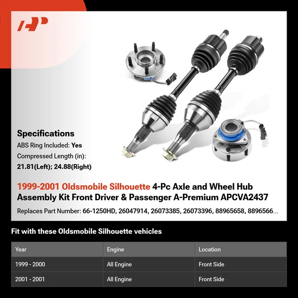 1999-2001 Oldsmobile Silhouette 4-Pc Axle and Wheel Hub Assembly Kit Front Driver & Passenger A-Premium APCVA2437
