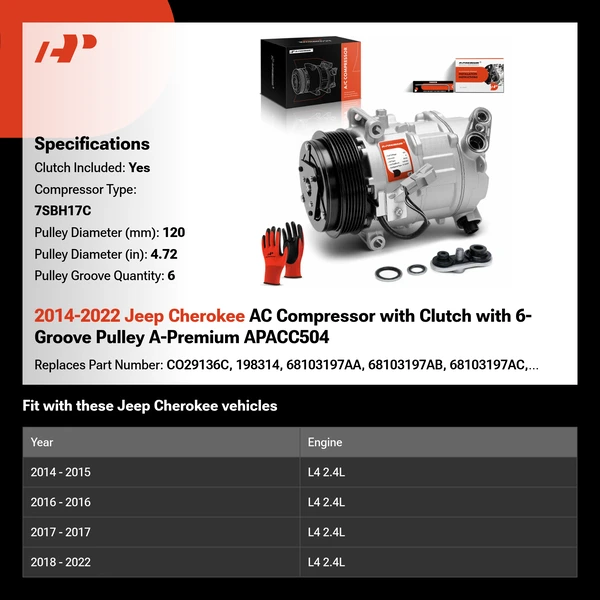 2014-2022 Jeep Cherokee AC Compressor with Clutch with 6-Groove Pulley A-Premium APACC504