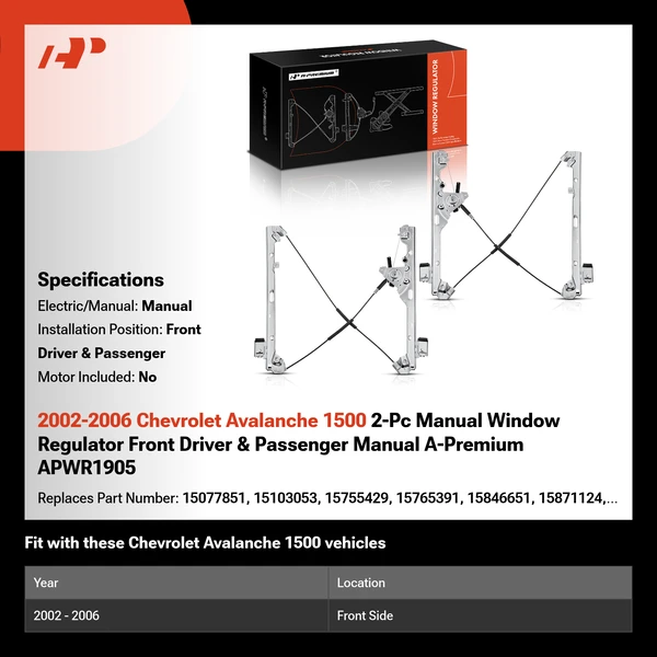 2002-2006 Chevrolet Avalanche 1500 2-Pc Manual Window Regulator Front Driver & Passenger Manual A-Premium APWR1905