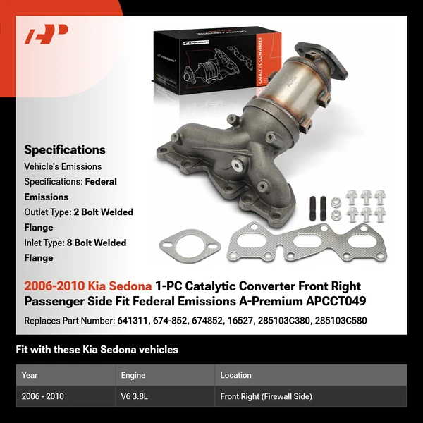 2006-2010 Kia Sedona 1-PC Catalytic Converter Front Right Passenger Side Fit Federal Emissions A-Premium APCCT049