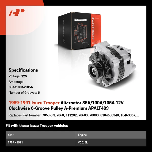 1989-1991 Isuzu Trooper Alternator 85A/100A/105A 12V Clockwise 6-Groove Pulley A-Premium APALT489