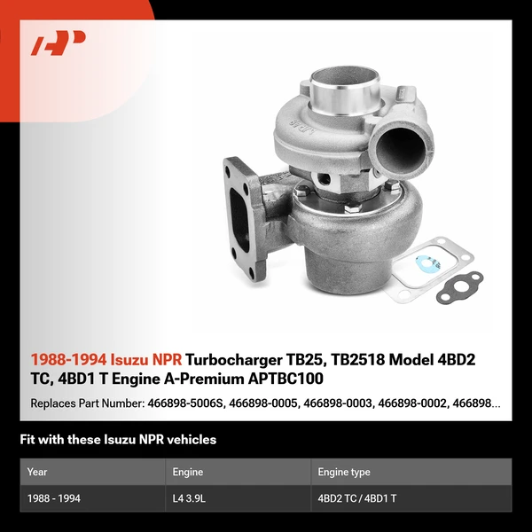 1988-1994 Isuzu NPR Turbocharger TB25, TB2518 Model 4BD2 TC, 4BD1 T Engine A-Premium APTBC100