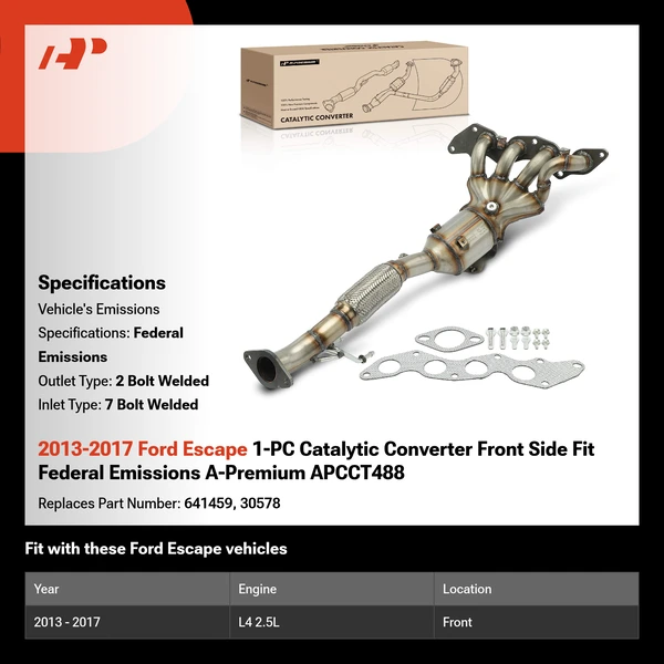2013-2017 Ford Escape 1-PC Catalytic Converter Front Side Fit Federal Emissions A-Premium APCCT488