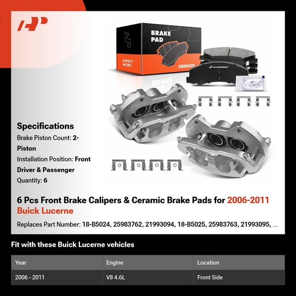 6 Pcs Front Brake Calipers & Ceramic Brake Pads for 2006-2011 Buick Lucerne