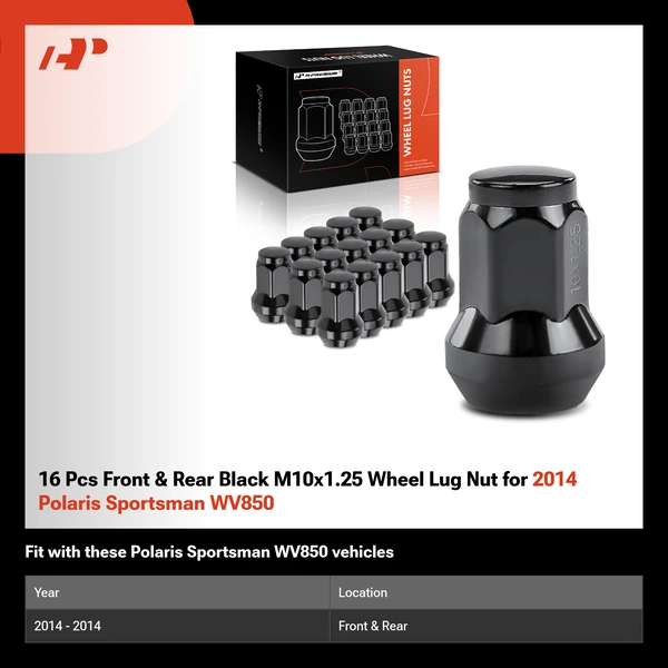 16 Pcs Front & Rear Black M10x1.25 Wheel Lug Nut for 2014 Polaris Sportsman WV850