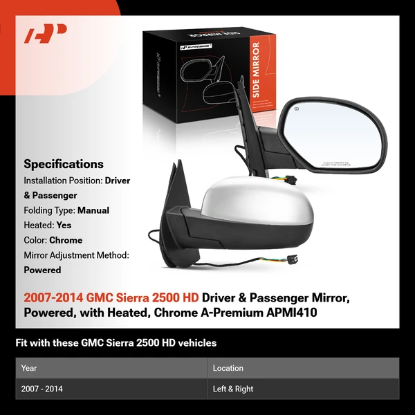2007-2014 GMC Sierra 2500 HD Driver & Passenger Mirror, Powered, with Heated, Chrome A-Premium APMI410