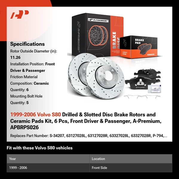 1999-2006 Volvo S80 Drilled & Slotted Disc Brake Rotors and Ceramic Pads Kit, 6 Pcs, Front Driver & Passenger, A-Premium, APBRPS026