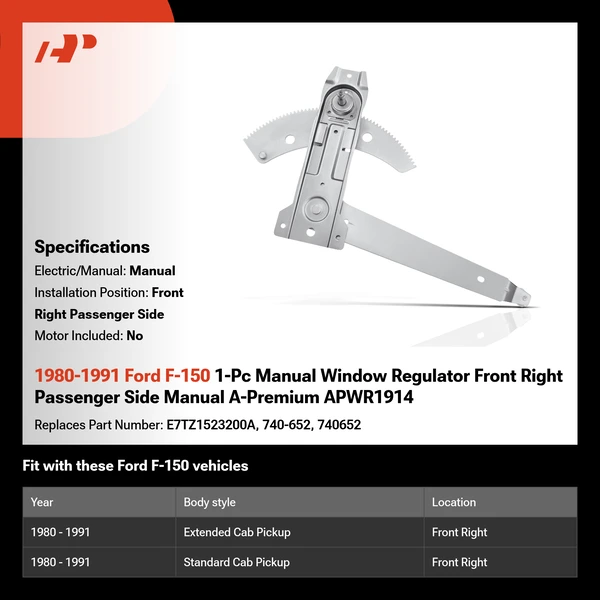 1980-1991 Ford F-150 1-Pc Manual Window Regulator Front Right Passenger Side Manual A-Premium APWR1914
