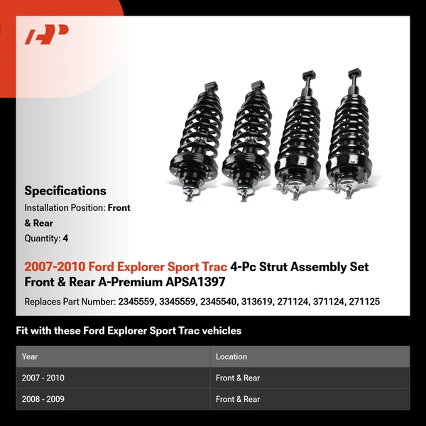 2007-2010 Ford Explorer Sport Trac 4-Pc Strut Assembly Set Front & Rear A-Premium APSA1397