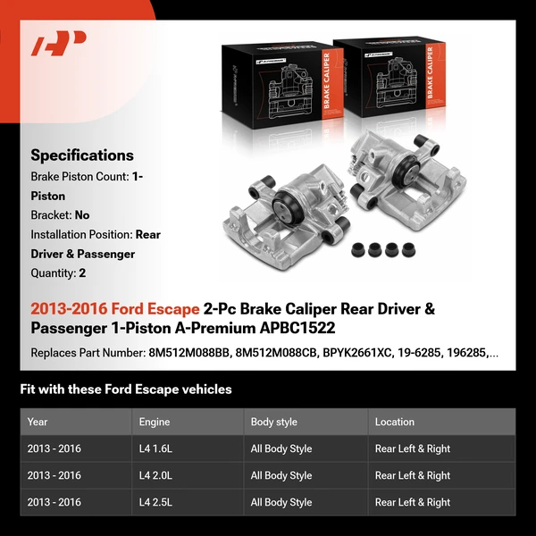 2013-2016 Ford Escape 2-Pc Brake Caliper Rear Driver & Passenger 1-Piston A-Premium APBC1522