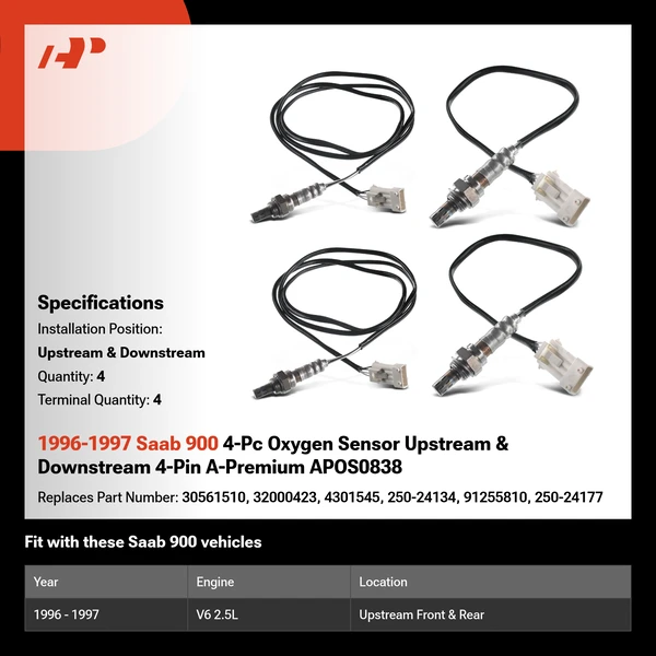 1996-1997 Saab 900 4-Pc Oxygen Sensor Upstream & Downstream 4-Pin A-Premium APOS0838
